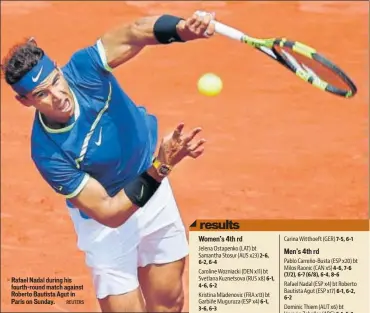  ?? REUTERS ?? Rafael Nadal during his fourthroun­d match against Roberto Bautista Agut in Paris on Sunday.