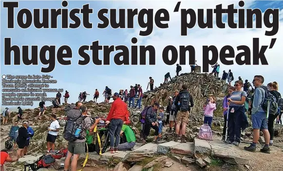  ??  ?? The scene in late July Llanberis Mountain Rescue Team (MRT) attempt to evacuate an injured woman as people queue to reach Snowdon’s summit (Image: Llanberis MRT)