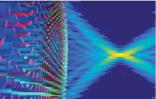  ??  ?? Dans cette métalentil­le, la lumière se diffuse sur des structures nanométriq­ues gravées à sa surface.