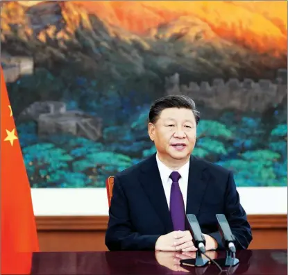  ?? JU PENG / XINHUA ?? President Xi Jinping delivers a speech via video from Beijing to a high-level meeting in honor of the United Nations’ 75th anniversar­y on Sept 21.