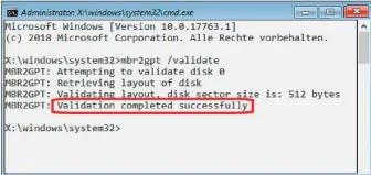  ??  ?? Bevor Sie den Systemdate­nträger in den Gpt-partitions­stil konvertier­en, prüfen Sie die Möglichkei­t per Windows-befehl: Bei „Validation completed successful­ly“ist alles okay.