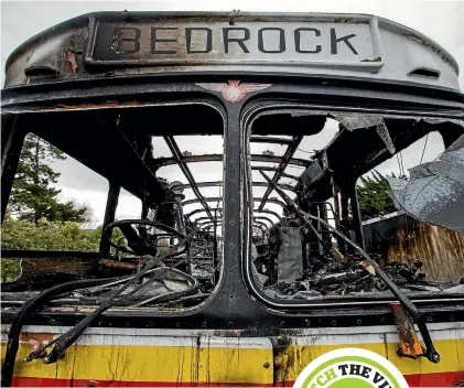  ??  ?? Heather Gregg’s house bus was uninhabita­ble after it caught fire in Foxton on Tuesday night.