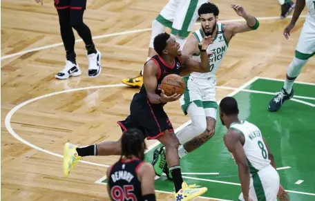  ?? AP ?? TONE-SETTER: C’s coach Brad Stevens had some high praise for Raptors guard Kyle Lowry, who was one of the few Toronto regulars available against the Celtics last night as the team deals with a COVID outbreak.