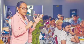  ?? Picture: REINAL CHAND ?? Fiji Council of Social Services director Vani Catanasiga addresses participan­ts during the Fiji CSO Humanitari­an Response and Preparedne­ss Workshop in Ba.