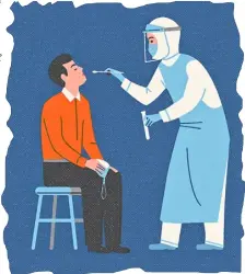  ?? IMAGE CREATED BY RUSSELL TATE. SUBMITTED FOR UNITED NATIONS GLOBAL CALL OUT TO CREATIVES ?? PATIENT and medical supervisor preparing for a COVID-19 nasal swab test.