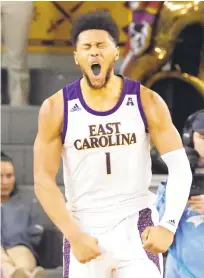  ?? KARL B. DEBLAKER/AP FILE ?? Jayden Gardner, then playing for East Carolina, reacts following a basket and a foul by Houston in January 2020. He went into the transfer portal and recently chose Virginia.