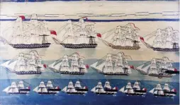  ??  ?? Large sailor’s woolwork with fleet with 14 ships, ca. 1865. Berlin wool on linen, 21¾ x 34½ in. Courtesy Earle D. Vandekar of Knightsbri­dge, Inc.