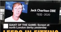  ??  ?? GIANT OF THE GAME: Screen at north London derby yesterday