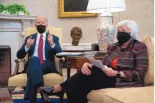  ?? EVAN VUCCI/ASSOCIATED PRESS ?? President Joe Biden meets with Treasury Secretary Janet Yellen in the Oval Office on Jan. 29, when Biden noted that “the risk is not doing too much; the risk is not doing enough.”