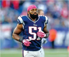  ?? STEVEN SENNE/ASSOCIATED PRESS FILE PHOTO ?? New England Patriots outside linebacker Jerod Mayo warms up on the field before a 2013 game against the New Orleans Saints in Foxborough, Mass. The Patriots have agreed to hire Mayo to succeed Bill Belichick as their next head coach, according to a person familiar with the situation. Details were still being worked out Friday.