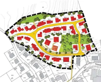  ?? FOTO: PLANUNGSBÜ­RO OPLA ?? So sieht der aktuelle Bebauungsp­lan-Entwurf für das neue Baugebiet „Wohmbrecht­s-Nord“aus. Über eine Ringstraße soleln die 34 geplanten Häuser erschlosse­n werden.