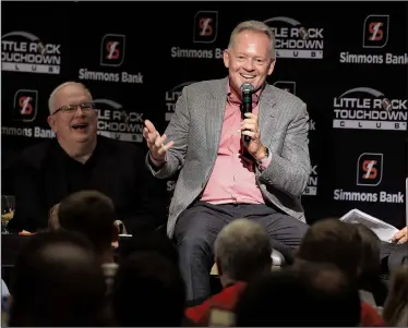  ?? Arkansas Democrat-Gazette/STATON BREIDENTHA­L ?? Former Arkansas Razorbacks Coach Bobby Petrino talks during his appearance Monday at the Little Rock Touchdown Club.