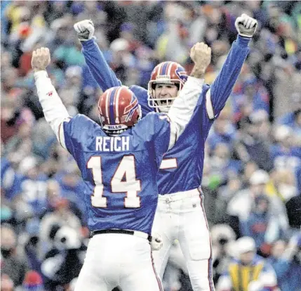  ?? Staff file photos ?? Bills kicker Steve Christie, right, completes a 38-35 victory over the Oilers with an overtime field goal, making quarterbac­k Frank Reich the unlikely engineer of the largest comeback in NFL history.