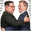  ??  ?? Kim Jong-un and Moon Jae-in share an embrace A TOUCH OF THEATRE: