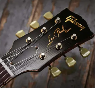  ??  ?? 1 Due to the slightly deeper neck, the ‘bell’ truss rod cover was often a mite further from the nut than on ’59s. Also, note the ‘broken’ headstock edges, aged tuners and tinted lacquer over the pearl Gibson logo A rich, almost glowing ‘Knopfler Burst’...