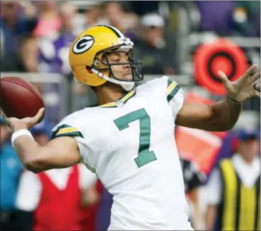  ?? BRUCE KLUCKHOHN — THE ASSOCIATED PRESS FILE ?? Packers quarterbac­k Brett Hundley (7) is preparing to make his first career NFL start on Sunday against New Orleans. He is projecting a calm, confident attitude at a time when the Packers must adjust quickly to life with a two-time NFL MVP behind center.