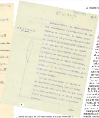  ??  ?? 1. Bando municipal del 1 de marzo donde el alcalde informa de la prohibició­n del Carnaval por orden del Gobernador. 2. Solicitud de José Suárez, autor de ‘Suárez y su murga moruna’, de la licencia para cantar en la calle en Carnaval. 4. Carta del alcalde al Gobernador pidiéndole que levante la prohibició­n para el Domingo de Piñata.