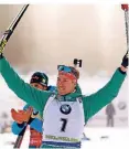  ?? FOTO: DPA ?? Johannes Kühn jubelt an der Ziellinie von Pokljuka.