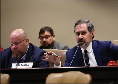  ?? (Arkansas Democrat-Gazette/Thomas Metthe) ?? Sen. Greg Leding, D-Fayettevil­le, asks a question about the governor’s request for a pay plan appropriat­ion during the Performanc­e Evaluation and Expenditur­e Review on Tuesday at the state Capitol in Little Rock.