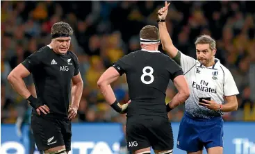  ?? GETTY IMAGES ?? All Blacks lock Scott Barrett, left, was red carded by French referee Jerome Garces during the 47-26 loss to the Wallabies in Perth. Garces will referee the World Cup game in Yokohama tomorrow night.