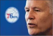  ?? MATT ROURKE - AP FILE ?? Philadelph­ia 76ers head coach Brett Brown speaks during a news conference at the team’s practice facility, in Camden, N.J., on May 11. Brown was named interim head of basketball operations upon the resignatio­n of general manager Bryan Colangelo Thursday.