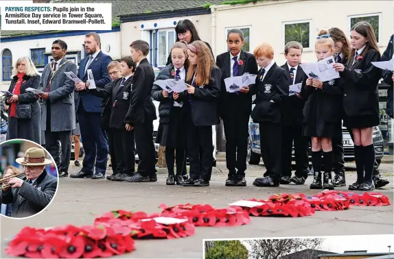  ?? ?? PAYING RESPECTS: Pupils join in the Armisitice Day service in Tower Square, Tunstall. Inset, Edward Bramwell-pollett.