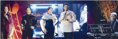 ??  ?? (From left) Kuh Ledesma, Martin Nievera, Zsa Zsa Padilla and Gary Valenciano with renowned composer Ryan Cayabyab in a remarkable musical number.