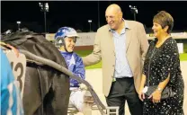  ?? Picture / Trish Dunell ?? Breeders and owners Braeden and Caroline Whitelock celebrate Kayla Marie’s win in the Sires’ Stakes with driver Natalie Rasmussen at Alexandra Park last night.