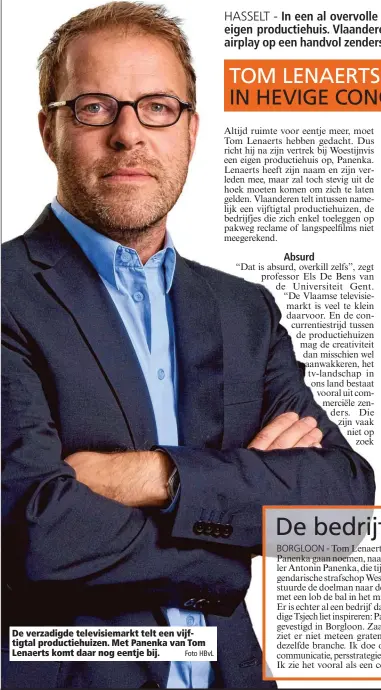  ?? Foto HBvL ?? De verzadigde televisiem­arkt telt een vijftigtal productieh­uizen. Met Panenka van Tom Lenaerts komt daar nog eentje bij.