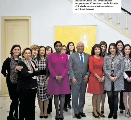  ??  ?? António Costa tem 20 mulheres no governo, 17 secretária­s de Estado (24 são homens) e três ministras (e 15 ministros)