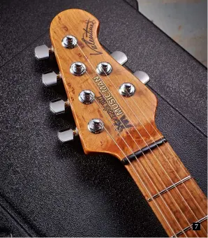  ??  ?? 7 Schaller rear-lock tuners make restringin­g easy and reduce the number of winds around the string post – ideal for vibrato tuning stability. Along with the compensate­d nut these are very in-tune and stable guitars