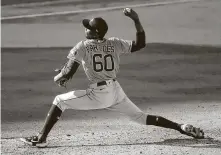  ?? KarenWarre­n / Staff photograph­er ?? Manager Dusty Baker made an exception to his reliever rule, allowing Enoli Paredes (60) to pitch on consecutiv­e days.