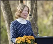  ??  ?? Trinka Fleming, the sister of Bob Fleming, talks about her brother at the dedication of Bob’s Woods at Earl Poole Sanctuary.