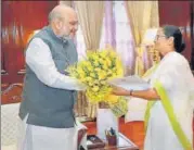  ?? PTI ?? ■ West Bengal chief minister Mamata Banerjee with Union home minister Amit Shah at his office in New Delhi on Thursday.