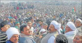  ?? PTI ?? BKU chief Naresh Tikait, along with other leaders, at the ‘mahapancha­yat’ in Muzaffarna­gar on Friday.