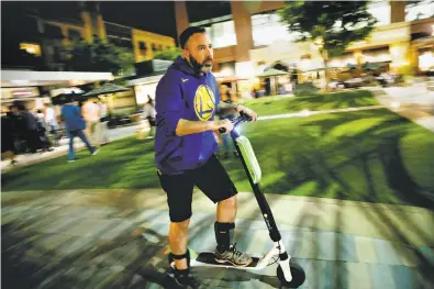  ?? Photos by Josie Lepe / Special to The Chronicle ?? Top: Padover rides one of the scooters he has found at Santana Row in San Jose. Recharging them is a profitable enterprise for many, but the competitio­n can be fierce.