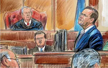  ?? AP ?? A courtroom sketch of Rick Gates being cross-examined yesterday during the trial of former Donald Trump campaign chairman Paul Manafort on bank fraud and tax evasion.