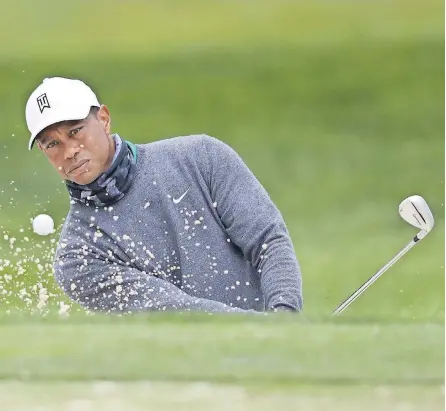  ?? TOM PENNINGTON/ GETTY IMAGES ?? Tiger Woods plays a shot from the bunker during a practice round Tuesday before the PGA Championsh­ip at TPC Harding Park in San Francisco. Woods has won the PGA four times.