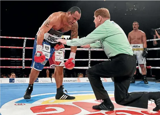  ?? PHOTO: PHOTOSPORT ?? Solomon Haumono’s management are protesting his loss by knockout to Joseph Parker on Thursday night, claiming referee Bruce Mctavish did not conduct the count accurately.