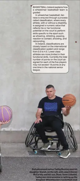  ??  ?? Ballydesmo­nd native Tadhg Buckley and his daughter Niamh, on the left, with coach Kieron McCarthy and his son, Dean, from Listowel. Tadhg was instrument­al in setting up the Kingdom Wheelblast­ers basketball club