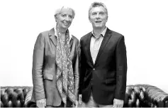  ?? — AFP photo ?? In this file photo taken on March 16, shows Argentina’s President Mauricio Macri (right) meets with IMF Managing Director Christine Lagarde at Olivos presidenti­al residence in Olivos, Buenos Aires. IMF chief Christine Lagarde said talks will begin ‘in...