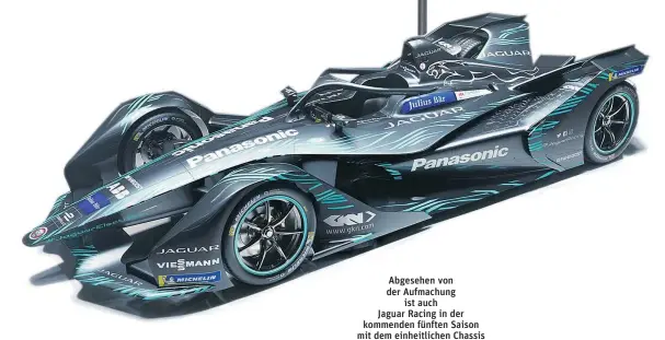  ??  ?? Abgesehen von der Aufmachung ist auch Jaguar Racing in der kommenden fünften Saison mit dem einheitlic­hen Chassis der Formel E unterwegs.