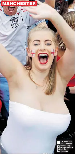  ??  ?? ®
ON SONG: A fan cheers at Castlefiel­d Bowl. Below, supporters in their Harry Kane masks