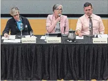  ?? JULIE JOCSAK
THE ST. CATHARINES STANDARD ?? Robin McPherson, Karrie Porter and Mat Siscoe participat­e in the St. Patrick’s ward debate at FirstOntar­io Performing Arts Centre.