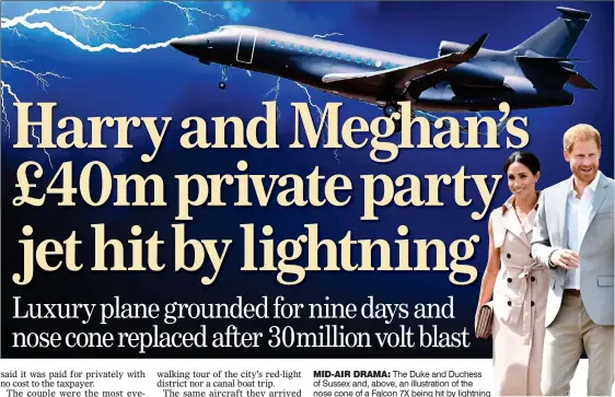  ??  ?? MID-AIR DRAMA: The Duke and Duchess of Sussex and, above, an illustrati­on of the nose cone of a Falcon 7X being hit by lightning