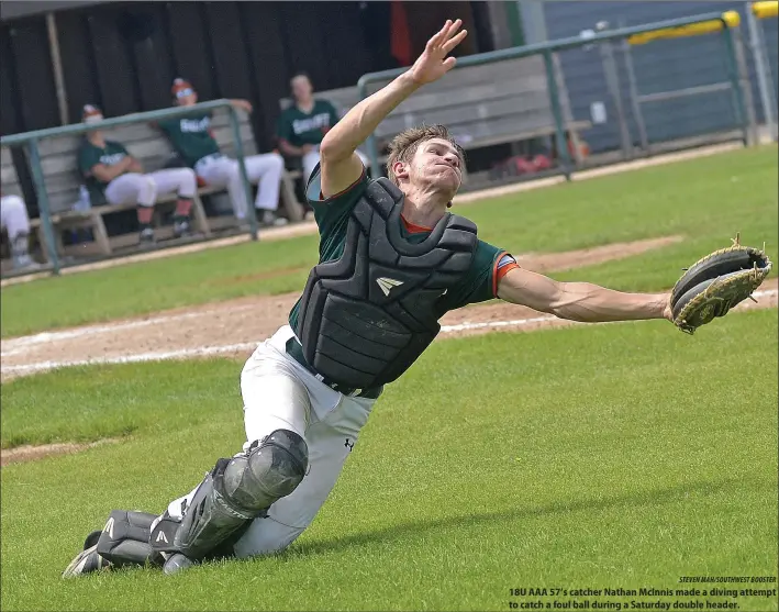  ?? STEVEN MAH/SOUTHWEST BOOSTER ?? 18U AAA 57’s catcher Nathan Mcinnis made a diving attempt to catch a foul ball during a Saturday double header.