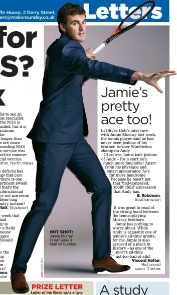  ??  ?? HOT SHOT: Jamie Murray in last week’s Mail on Sunday