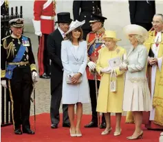  ??  ?? The Prince of Wales, Michael Middleton, Carole Middleton, the Duke of Edinburgh, the Queen and the Duchess of Cornwall at the royal wedding From left