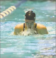  ?? Gregory Vasil / For Hearst Connecticu­t Media ?? Brookfield’s Madeline O’Connor swims the breaststro­ke leg of the 200-yard medley relay during the State Open on Saturday at Yale University in New Haven.