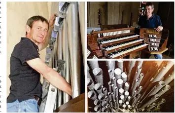  ??  ?? Au chevet de l’orgue de l’église Saint-Samson depuis le mois de mai, Emmanuel Foyer, facteur d’orgue depuis 42 ans, sous la maîtrise d’oeuvre de Thierry Semenoux, expert-organier auprès du ministère de la Culture.